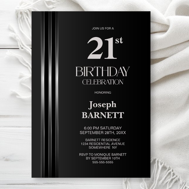 Invitation Fête d'anniversaire 21 ans noir rayé argent (Créateur téléchargé)