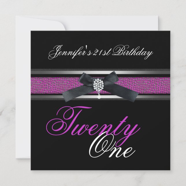 Invitation Fête d'anniversaire 21 ans Noir Violet Rose Argent (Devant)