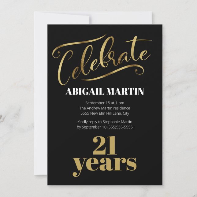 Invitation Fête d'anniversaire 21 ans Or Noir Blanc (Devant)