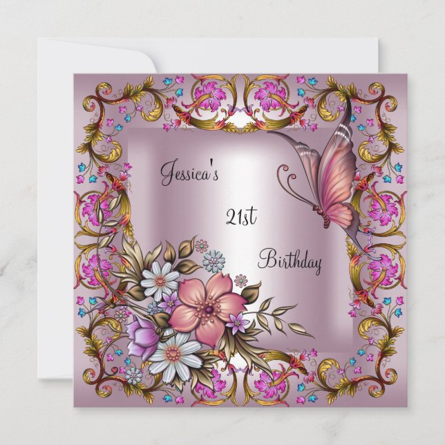 Invitation Fête d'anniversaire 21 ans Papillon blanc floral r (Devant)