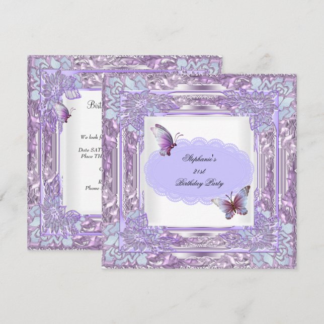 Invitation Fête d'anniversaire 21 ans papillon blanc lilas (Devant / Derrière)