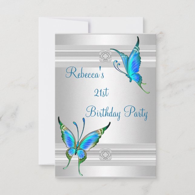 Invitation Fête d'anniversaire 21 ans papillons Blanc Argenté (Devant)