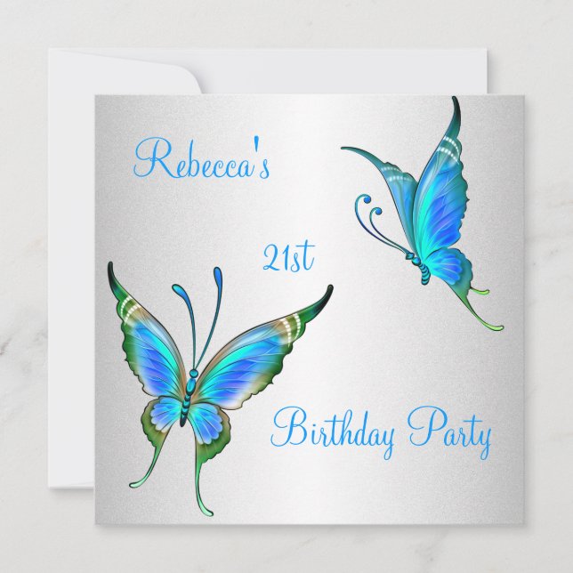 Invitation Fête d'anniversaire 21 ans Papillons Bleu Blanc (Devant)
