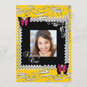 Invitation Fête d'anniversaire 21 ans Papillons roses noirs