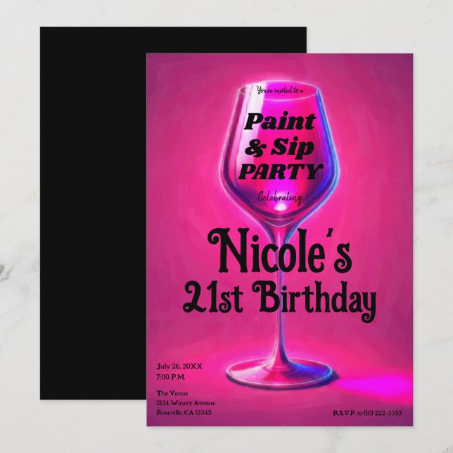 Invitation Fête d'anniversaire 21 ans peinture et verre de vi (Devant / Derrière)