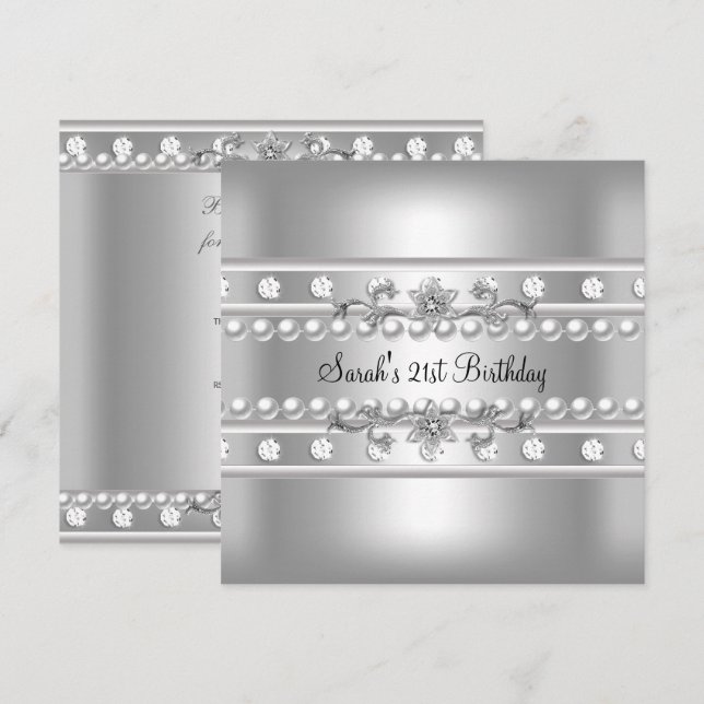 Invitation Fête d'anniversaire 21 ans perle blanche diamant a (Devant / Derrière)