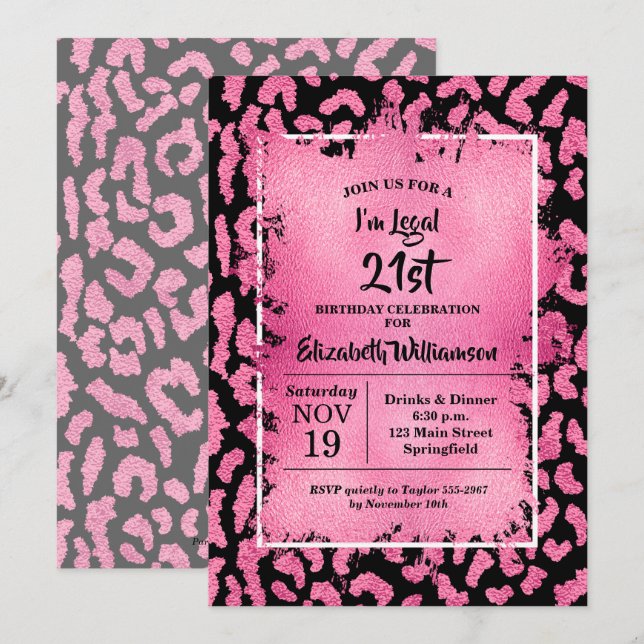 Invitation Fête d'anniversaire 21 ans Pink Leopard (Devant / Derrière)