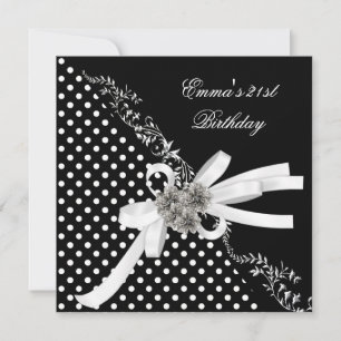 Invitation Fête d'anniversaire 21 ans pois noir blanc noeud