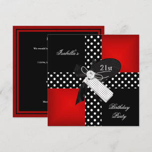 Invitation Fête d'anniversaire 21 ans pois rouges noir blanc