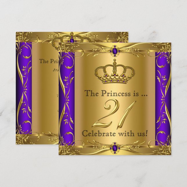 Invitation Fête d'anniversaire 21 ans Princesse Royale Violet (Devant / Derrière)