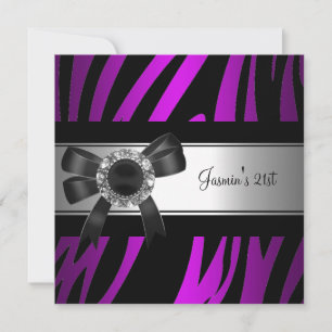 Invitation Fête d'anniversaire 21 ans Purple Zebra Black Jewe