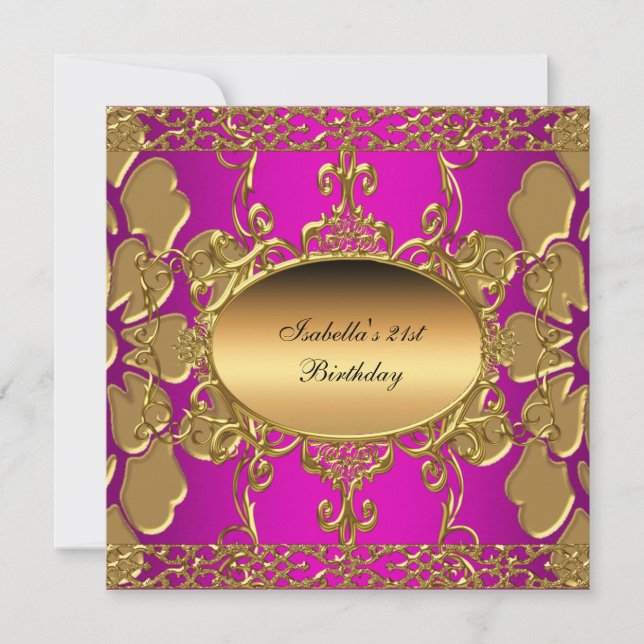 Invitation Fête d'anniversaire 21 ans rose chaud or flourish  (Devant)