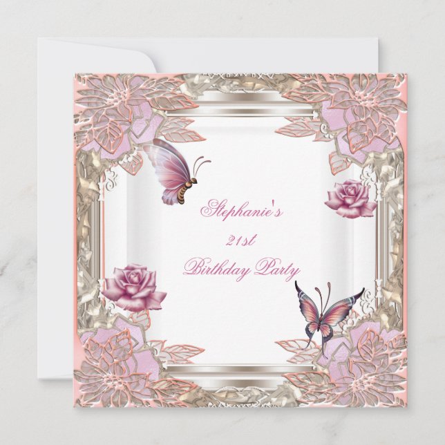 Invitation Fête d'anniversaire 21 ans Rose rose Papillon blan (Devant)
