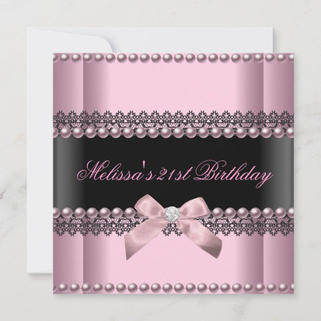 Invitation Fête d'anniversaire 21 ans Ruban noir perle rose (Devant)