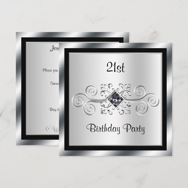 Invitation Fête d'anniversaire 21 ans Silver Swirls & Diamond (Devant / Derrière)