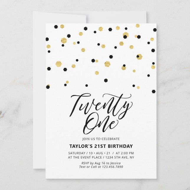 Invitation Fête d'anniversaire 21 ans simple noir et or (Devant)
