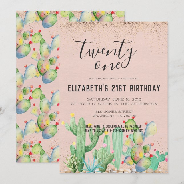 Invitation Fête d'anniversaire 21 ans sur le thème du jardin  (Devant / Derrière)