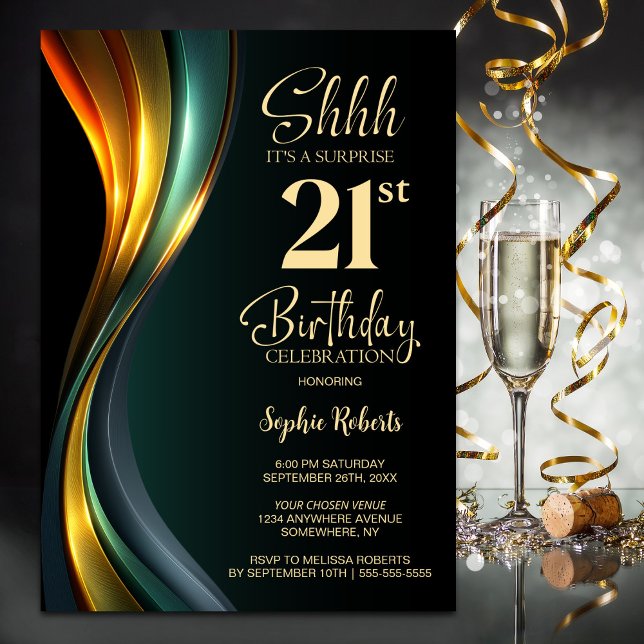Invitation Fête d'anniversaire 21 ans surprise moderne noir e (Créateur téléchargé)