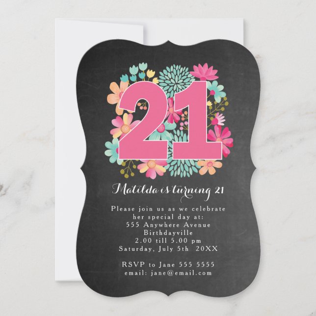 Invitation Fête d'anniversaire 21 ans Tableau peint floral à  (Devant)