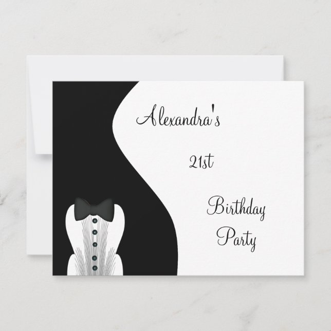 Invitation Fête d'anniversaire 21 ans tenue de soirée noir et (Devant)