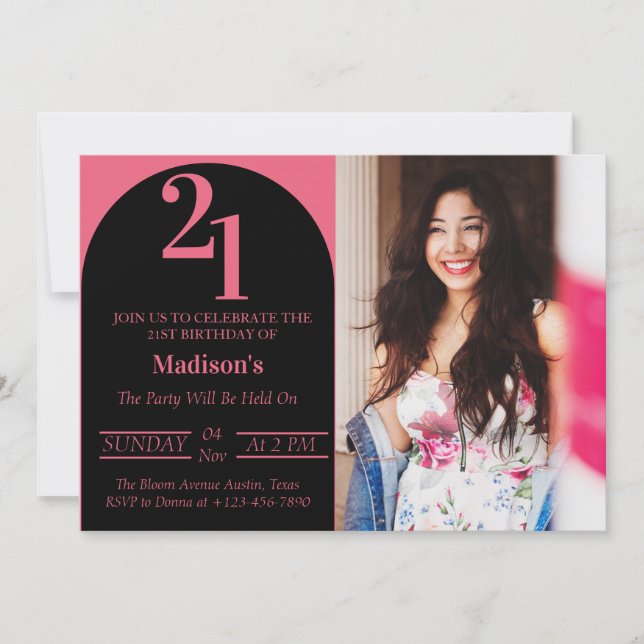 Invitation Fête d'anniversaire 21 ans Typograph Bold noir et  (Devant)