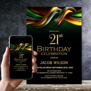 Invitation Fête d'anniversaire 21 ans vert et or moderne