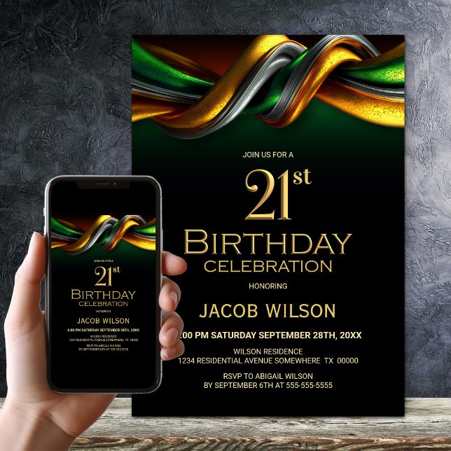 Invitation Fête d'anniversaire 21 ans vert et or moderne (Créateur téléchargé)