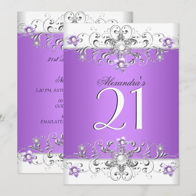 Invitation Fête d'anniversaire 21 ans Violet Blanc Diamant (Devant / Derrière)