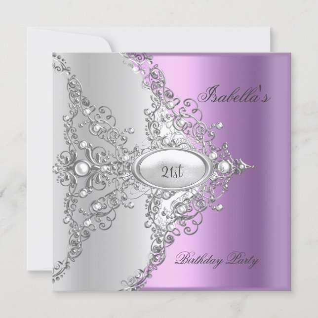 Invitation Fête d'anniversaire 21 ans Violet Lilas Argent Bla (Devant)