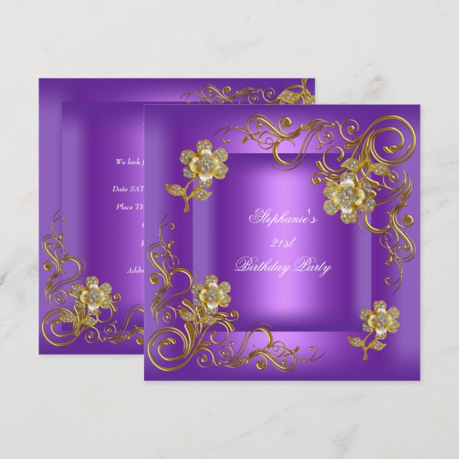 Invitation Fête d'anniversaire 21 ans violet or diamant (Devant / Derrière)