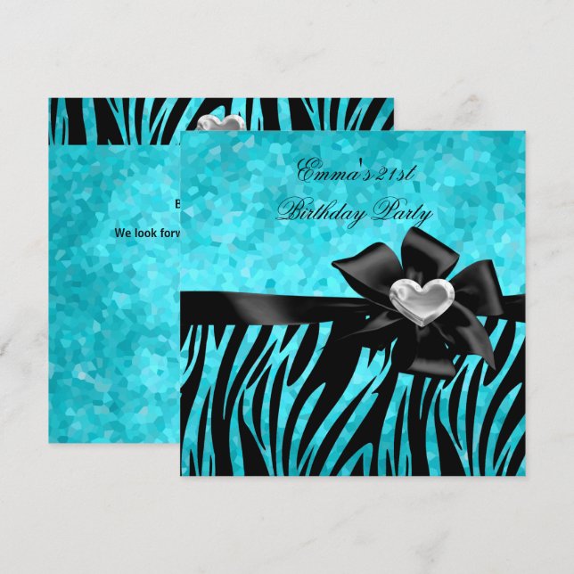 Invitation Fête d'anniversaire 21 ans Zèbre Argent Turquoise  (Devant / Derrière)