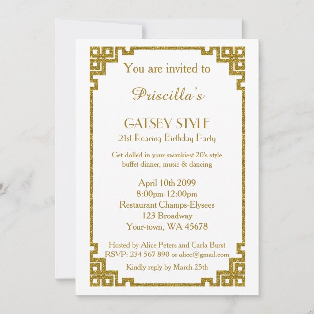 Invitation Fête d'anniversaire 21, style Gatsby, blanc & or (Devant)