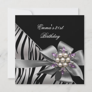 Invitation Fête d'anniversaire 21e Zebra Black Silver Bow