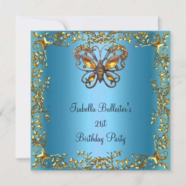 Invitation Fête d'anniversaire 21ème Papillon Bleu Sarcelle O (Devant)