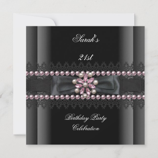 Invitation Fête d'anniversaire 21ème perle noire blanche rose (Devant)