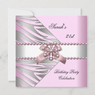Invitation Fête d'anniversaire 21ème Zèbre Rose Perle Rose Bl