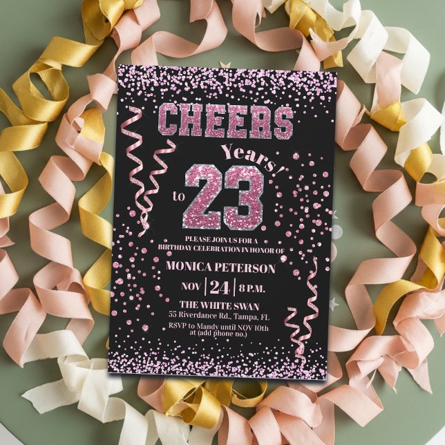 Invitation Fête d'anniversaire 23 ans Paillettes roses Strass (Créateur téléchargé)