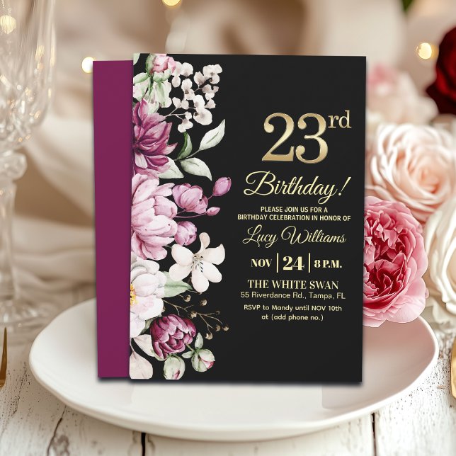Invitation Fête d'anniversaire 23 Élégante Florale Or (Créateur téléchargé)