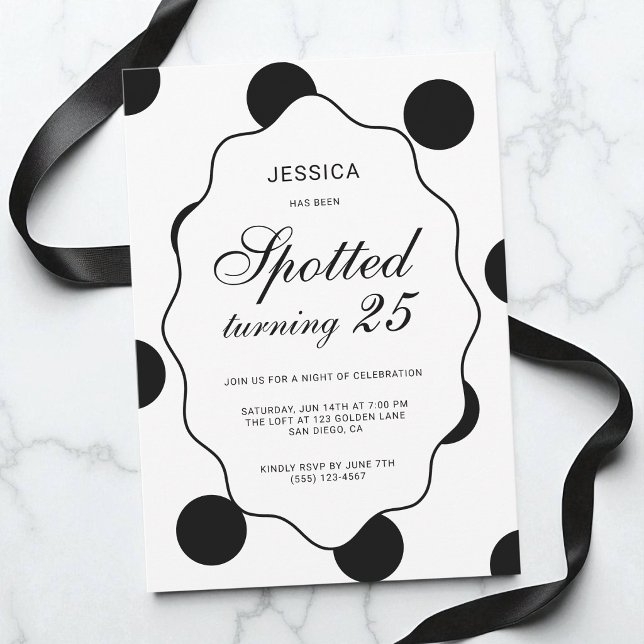 Invitation Fête d'anniversaire 25 ans à pois noirs et blancs (Black White Polka Dot Spotted 25th Birthday Party Invitation)