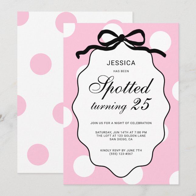 Invitation Fête d'anniversaire 25 ans à pois roses (Devant / Derrière)