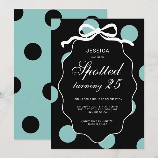 Invitation Fête d'anniversaire 25 ans à pois sarcelle (Devant / Derrière)