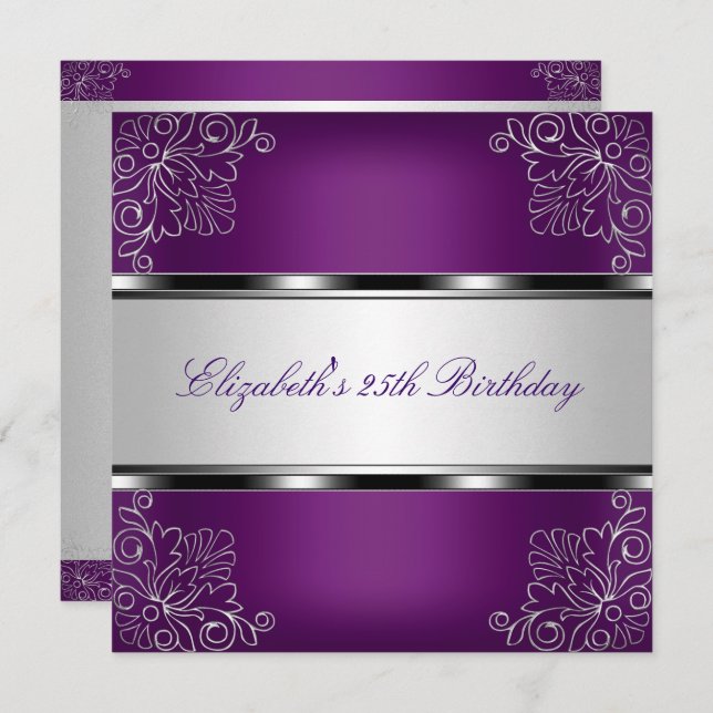 Invitation Fête d'anniversaire 25 ans Plum Purple Silver Flor (Devant / Derrière)