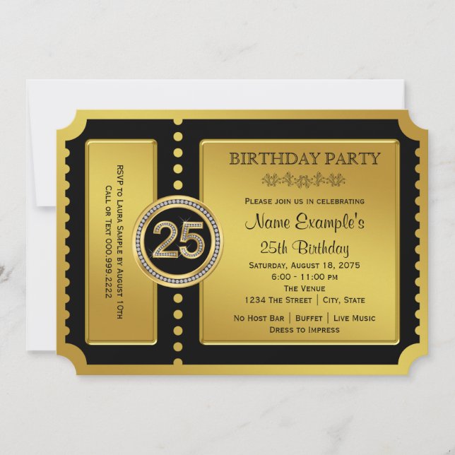 Invitation fête d'anniversaire 25 ans Ticket Doré (Devant)