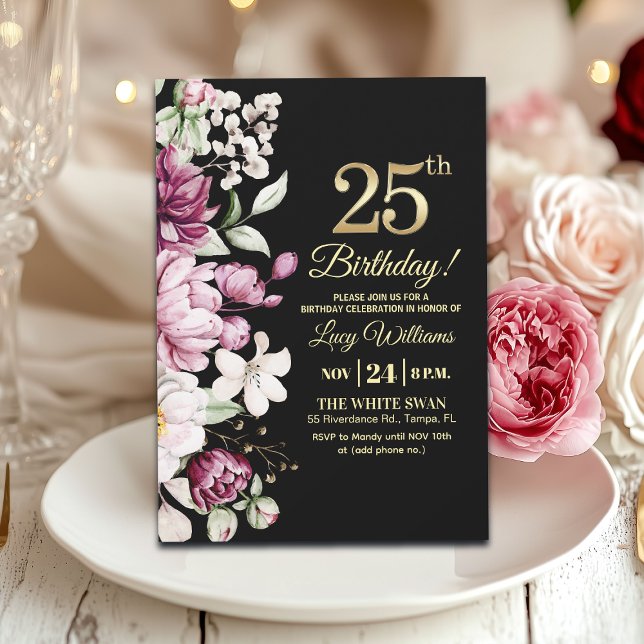 Invitation Fête d'anniversaire 25 Élégante Florale Or (Créateur téléchargé)