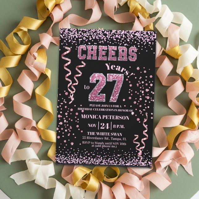 Invitation Fête d'anniversaire 27 ans Strass Rose Pailleté (Créateur téléchargé)