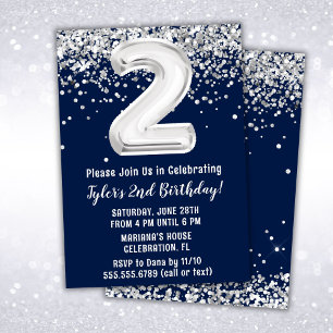 Invitation Fête d'anniversaire 2 ans Bleu Marine Argent