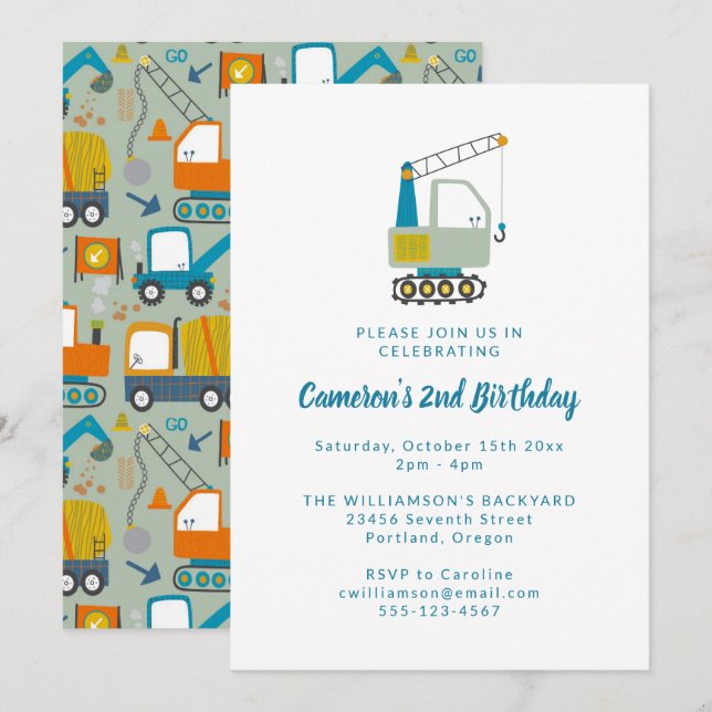 Invitation Fête d'anniversaire 2 ans Camion de construction P (Devant / Derrière)