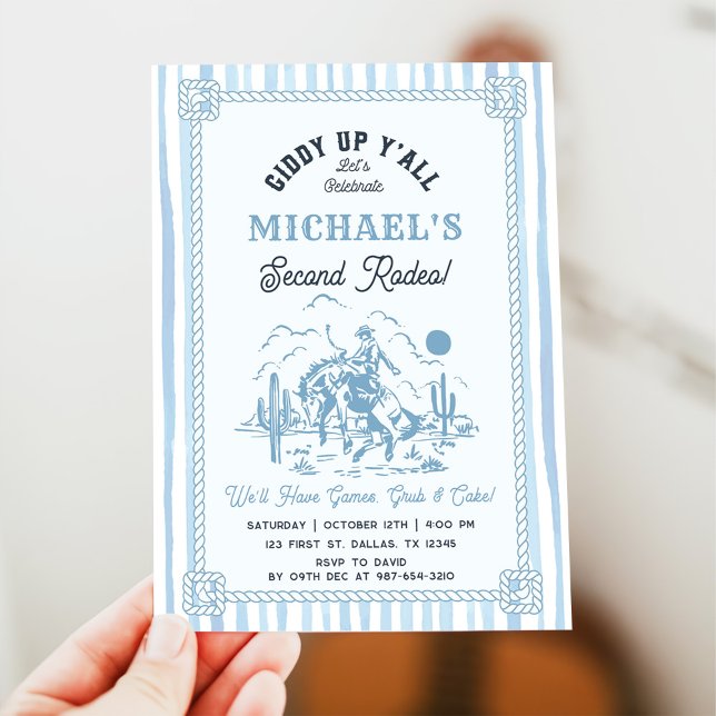 Invitation Fête d'anniversaire 2 ans Cowboy Bleu Vintage (Créateur téléchargé)