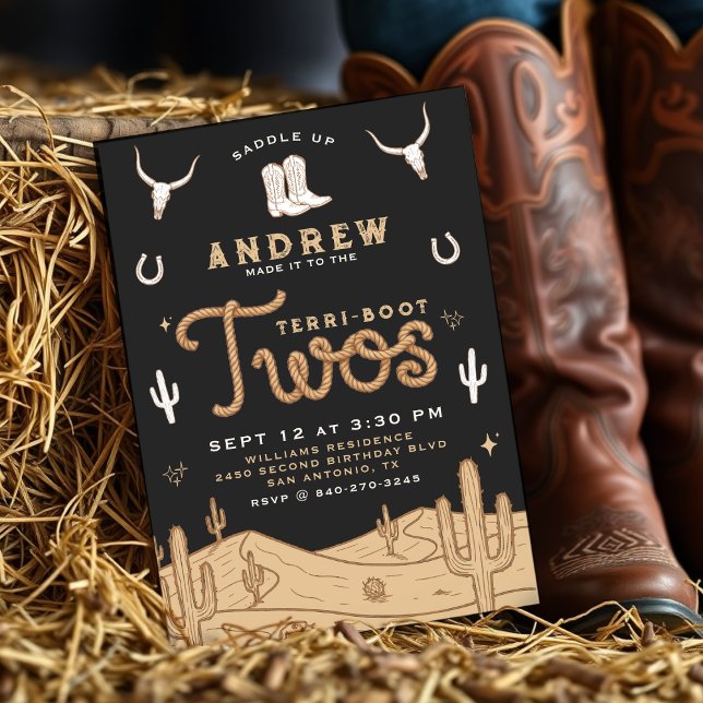 Invitation Fête d'anniversaire 2 ans Cowboy Terri-Boot Twos N (Cowboy 2nd Birthday Party Terri-Boot Twos Western Invitation
)