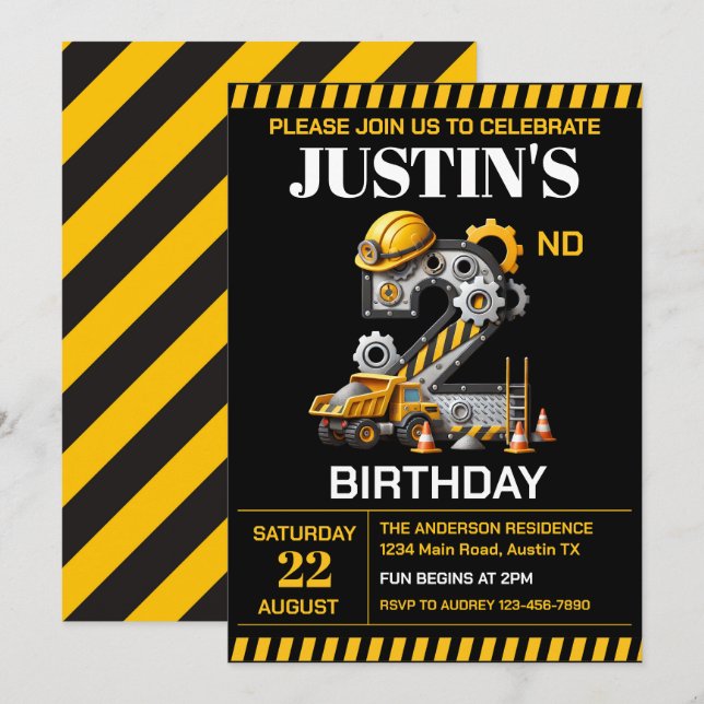 Invitation Fête d'anniversaire 2 ans de Construction Mignonne (Devant / Derrière)